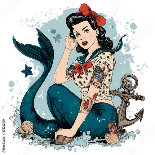 Mermaid Pin Up Tattoo Old School Vector