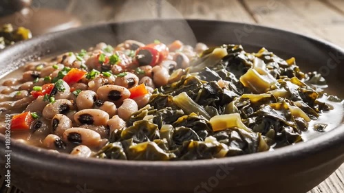 Southern New Year Feast Black Eyed Peas Collard Greens Served in a Rustic Ceramic Bowl on Weathered Wooden Table High Angle View with Steam
