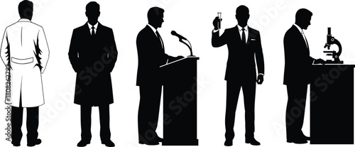 Set of professional male silhouettes including doctor in lab coat, businessman at podium, and scientist with microscope isolated on white background vector illustration art.