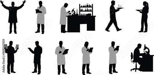Set of scientist silhouettes working in laboratory including men and women with microscopes clipboards and test tubes isolated on white background for medical research design.