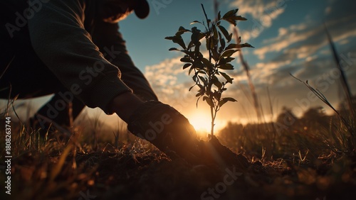 Person planting a small tree at sunrise, emotional tone of renewal and self-growth, cinematic wide shot