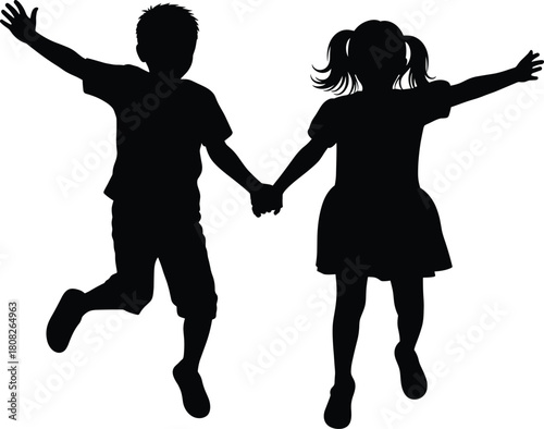 Silhouette of happy children holding hands and jumping together, childhood friendship concept, kids joy, fun playtime and outdoor activity illustration vector