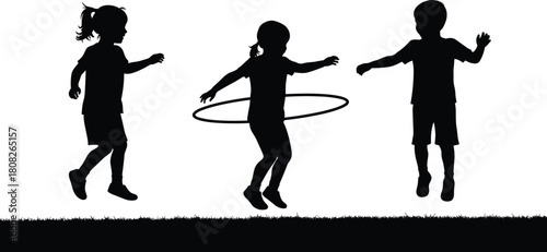 Silhouette of happy children playing outdoors with hula hoop, jumping and having fun together, summer activity, childhood joy vector illustration design.