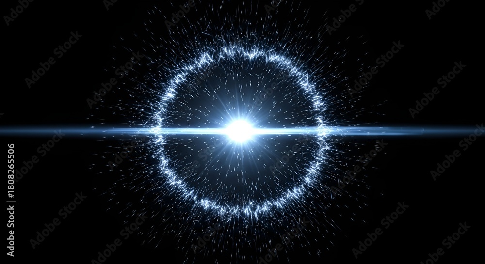 Obraz premium Abstract luminous circle with bright beam on black background for overlay