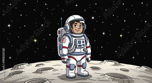 Astronaut standing on the moon surface with a smile and looking forward.