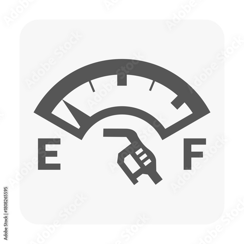 A detailed vector illustration icon of a fuel gauge symbol indicates low fuel levels, with the needle pointing towards E with fuel pump icon, indicating the need for refueling.