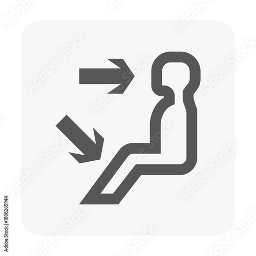 Air conditioning vector icon illustrating seated person with directional arrows indicating adjustable airflow for HVAC controls, automotive dashboards, user interface design, climate control systems.