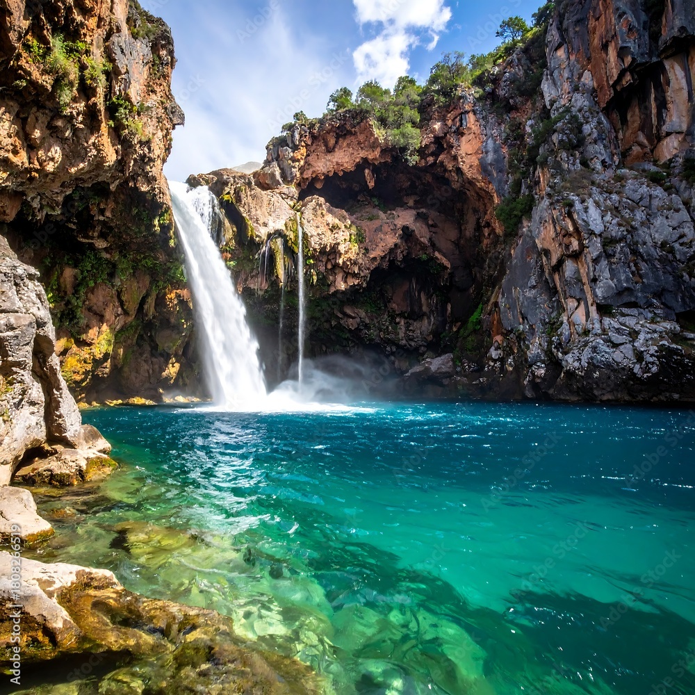 Naklejka premium Two waterfalls cascade into a turquoise pool, surrounded by cliffs