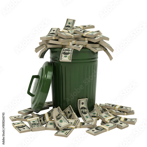 Green Trash Can Filled with US Dollar Bills garbage can , trash can, garbage can, us dollars, hundred dollar 