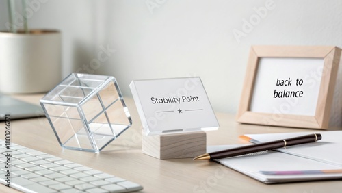 Stylish workspace with clear stability point card, geometric cube, and framed motivational quote for balance and focus