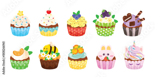 Colorful array of decorated cupcakes with playful toppings.