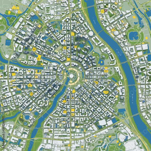 An aerial view showcases a detailed urban map with a central circular design, featuring buildings, waterways, and infrastructure in a modern city.