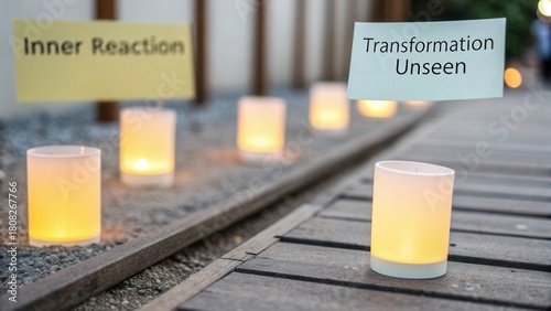 Warm Glow of Candles with Signs Capturing Inner Reaction and Transformation in a Serene Outdoor Setting