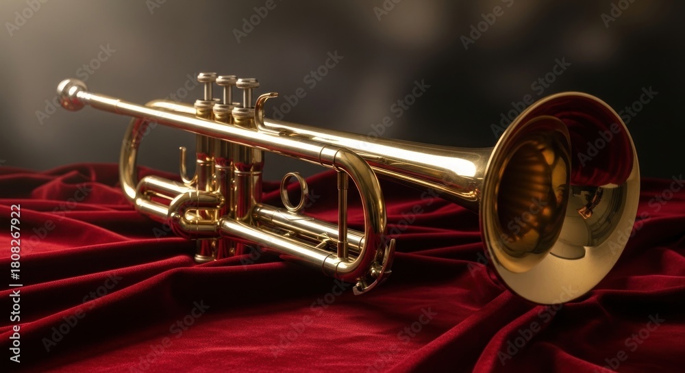 Obraz premium Gleaming Golden Trumpet on Luxurious Red Velvet, Dramatic Lighting