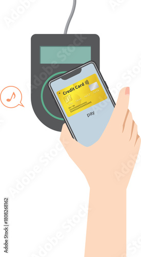 スマートフォンでキャッシュレス決済をするイラストイメージ