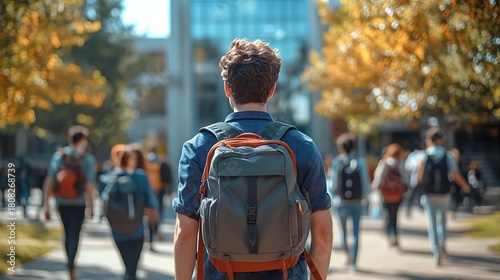 Back view of a student with backpack walking on campus in autumn with other students blurred behind him