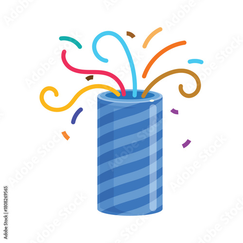 Colorful confetti popper exploding with vibrant ribbons.