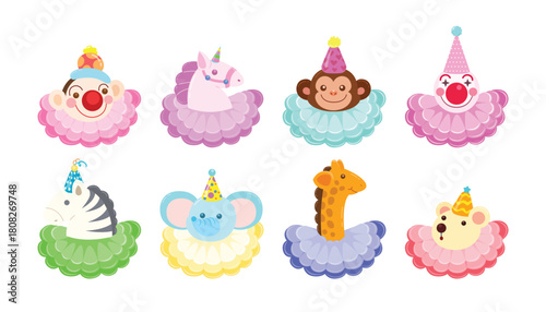 Cartoon animals and clowns wearing party hats in colorful circles.