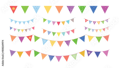Colorful festive bunting flags in various patterns and colors.