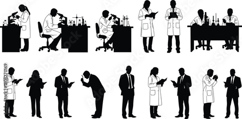 Set of vector silhouettes featuring scientists in lab coats working with microscopes and business professionals in suits standing isolated on white background for corporate design.