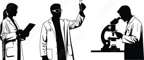Set of three scientist silhouettes including woman with clipboard man with test tube and researcher using microscope isolated on white background for medical design.