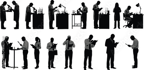 Set of vector silhouettes featuring scientists working in research laboratory with microscopes and business professionals holding documents isolated on white background for corporate design.