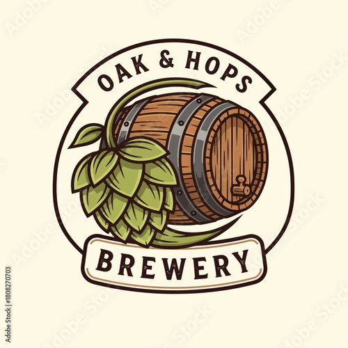 Oak and Hops Brewery Logo with Wooden Barrel and Hops Plant.