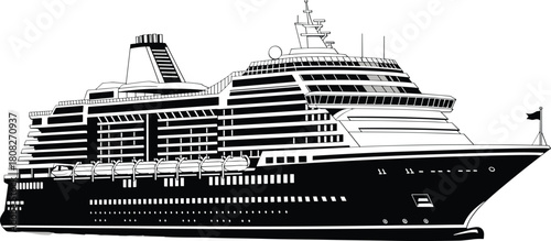 Side view vector illustration of large luxury cruise ship, black silhouette of ocean liner isolated on white background for summer travel and vacation concepts