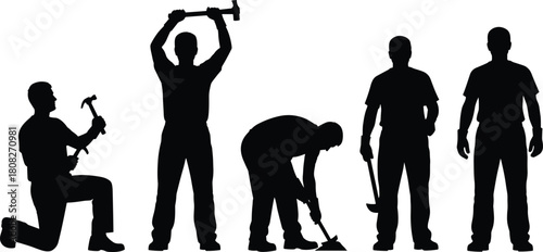 Set of worker silhouettes in various poses, a man kneeling with hammer, swinging sledgehammer, and standing, isolated vector for construction or labor concepts.