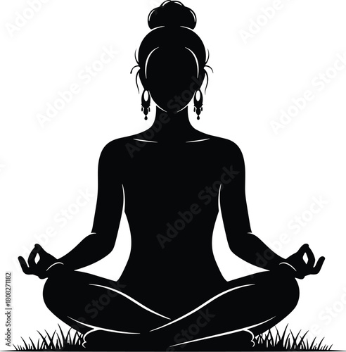 Silhouette of woman meditating in lotus pose on grass, yoga girl vector illustration, black female figure practicing mindfulness, zen relaxation concept isolated on white art