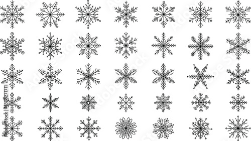 Snowflake vector set, black winter icon collection, isolated on white background for christmas decoration, new year design, holiday ornament, and frozen ice crystal pattern