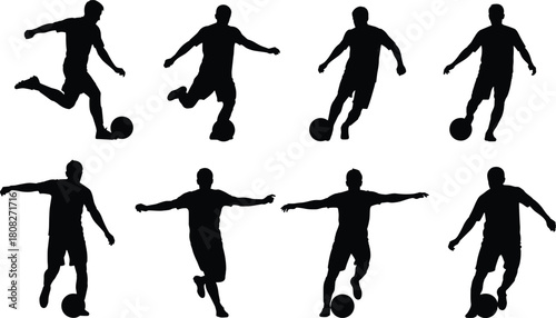 Soccer player silhouette set, black football sportsman vector collection, isolated athlete kicking ball icons for sport logo design, active man running with ball illustration.
