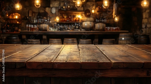 Rustic wooden table in front of a blurred bar with barrels and bottles under warm lighting ambiance