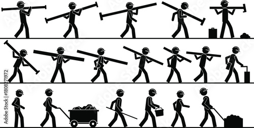 Stick figure worker silhouette set, men in hard hats walking, carrying pipes and beams, pushing cart, industrial labor icons, construction builders, isolated vector collection.