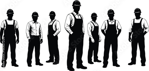 Team of construction workers, industrial builder silhouette set, men in hard hats and overalls, standing male laborers, professional crew, isolated vector graphic, labor concept.