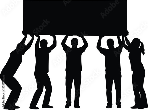 Team of people silhouette, men and woman carrying heavy blank banner, group lifting, teamwork and cooperation concept, vector illustration, isolated on white.