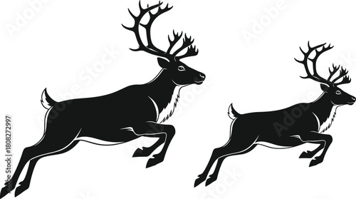 Two black reindeer silhouettes jumping with large antlers isolated on white background for Christmas holiday decoration and wildlife nature vector illustration design graphic art.