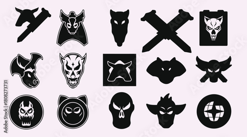 Epic dark creature icons and mythical monster silhouettes for fantasy design projects, featuring bold graphic shapes, dramatic shadows, and powerful symbolic artwork ideal for branding, gaming.