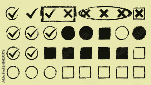 Hand-drawn check marks and cross icons collection featuring circles, squares, filled shapes, and outline elements for design projects, user interface symbols, task lists, and creative graphic template