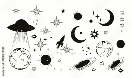 Cosmic Space Elements Collection with Planets, Stars, Moons, Galaxies, UFO, and Rocket Illustrations Designed for Creative Projects, Fantasy Artwork, Science Fiction Themes, Celestial Décor and Outer.