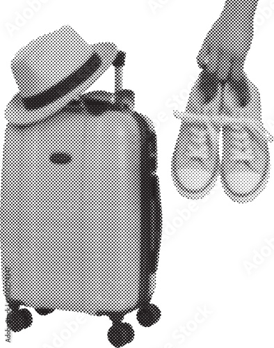 Halftone Summer Travel Suitcase with Sneakers and Straw Hat Isolated on White PNG