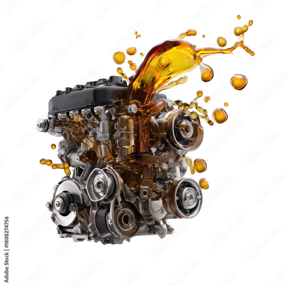 Fototapeta premium Oil pouring on complex engine; mechanical parts shown