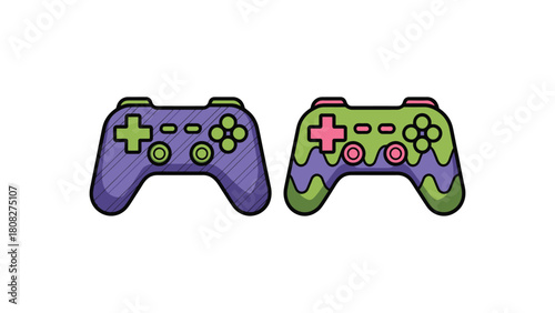 Print Two Colorful Video Game Controllers with Scribble Texture Vector illustration