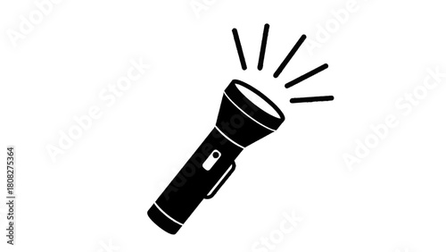 Vector illustration of black flashlight icon emitting light rays, simple vector illustration isolated on transparent background 