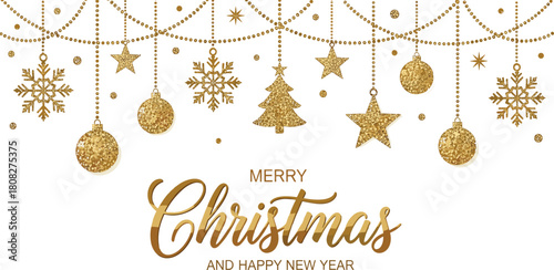 Elegant gold glitter Christmas decorations with festive ornaments and a sparkling holiday season greeting banner design for celebrations and new year wishes