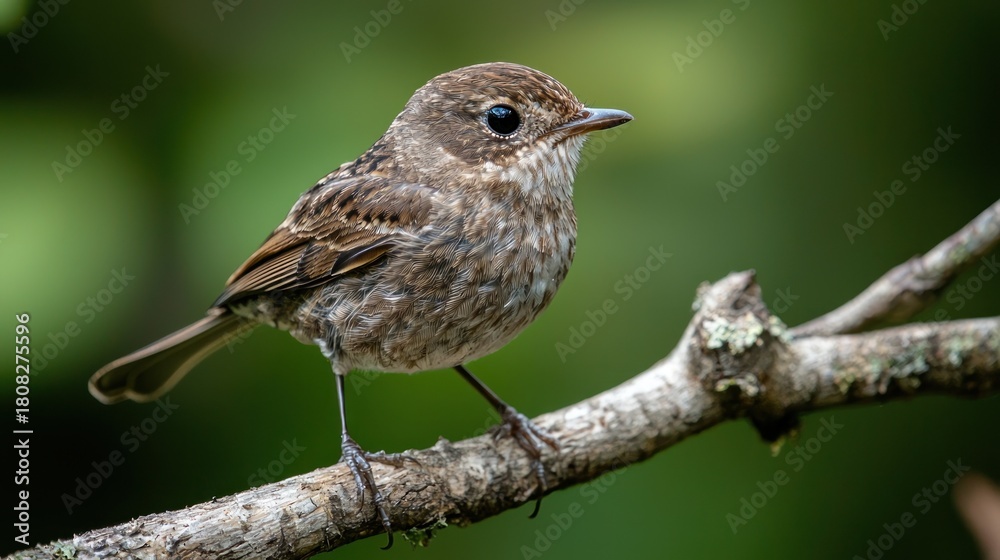 Fototapeta premium A small bird perched on a branch with a blurred green background.