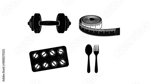 Vector illustration of fitness and health icons dumbbell, measuring tape, pills, spoon and fork, isolated on transparent background 