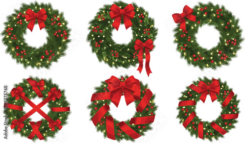 Collection of six festive Christmas wreaths, each featuring a different style of red ribbon bow and glowing berry accents for holiday decoration