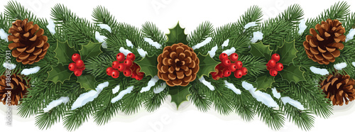 Festive Christmas Garland with Pinecones, Holly Berries, and Snow-Covered Evergreen Branches