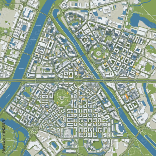 An aerial, detailed architectural map showcases a modern city layout with buildings, roads, waterways, and green spaces, offering a comprehensive urban design overview.